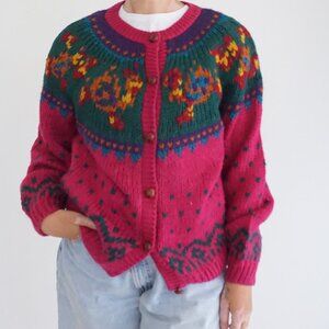 Vintage Ivy Pink Knit Cardigan Folk Floral Cabincore Boho Knit Cardigan M